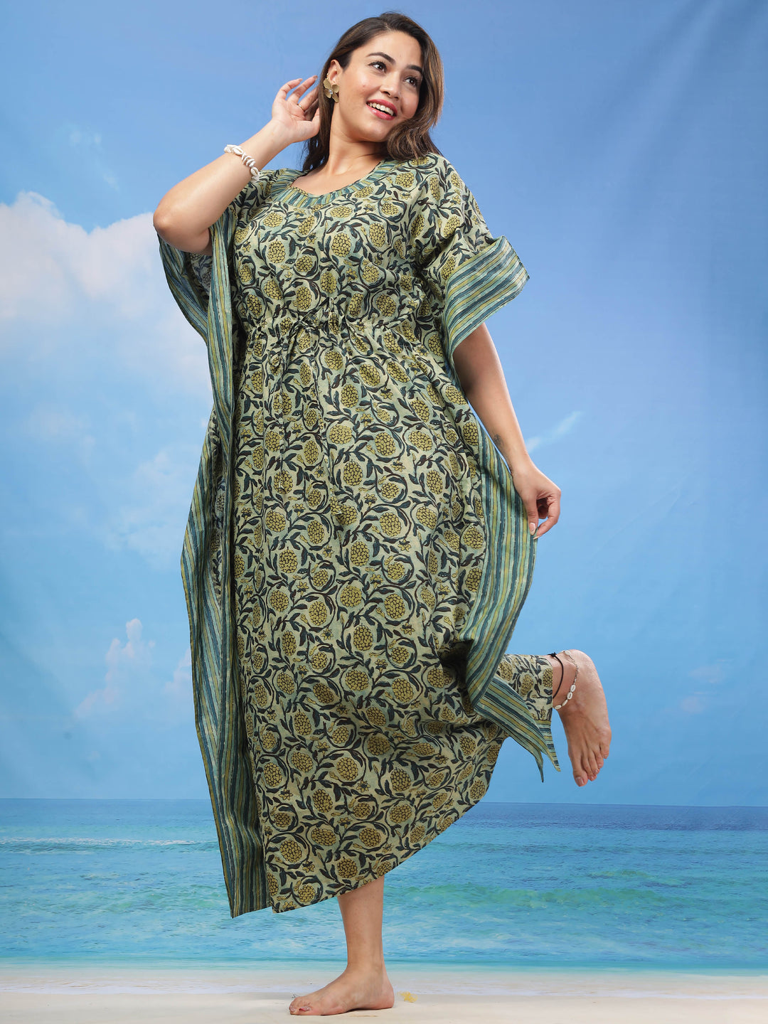 Green Kaftan Gown in Exquisite Cotton Fabric