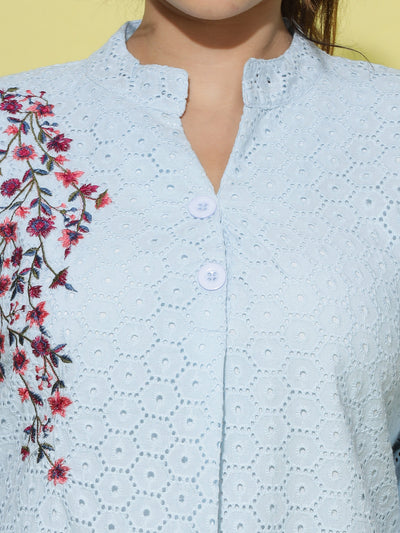 Cotton Top Floral Embroidery Sky Blue