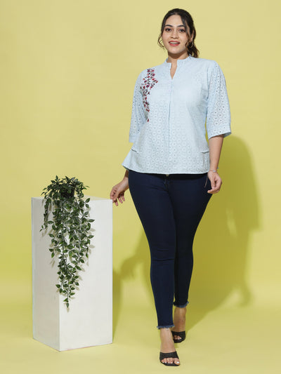 Cotton Top Floral Embroidery Sky Blue