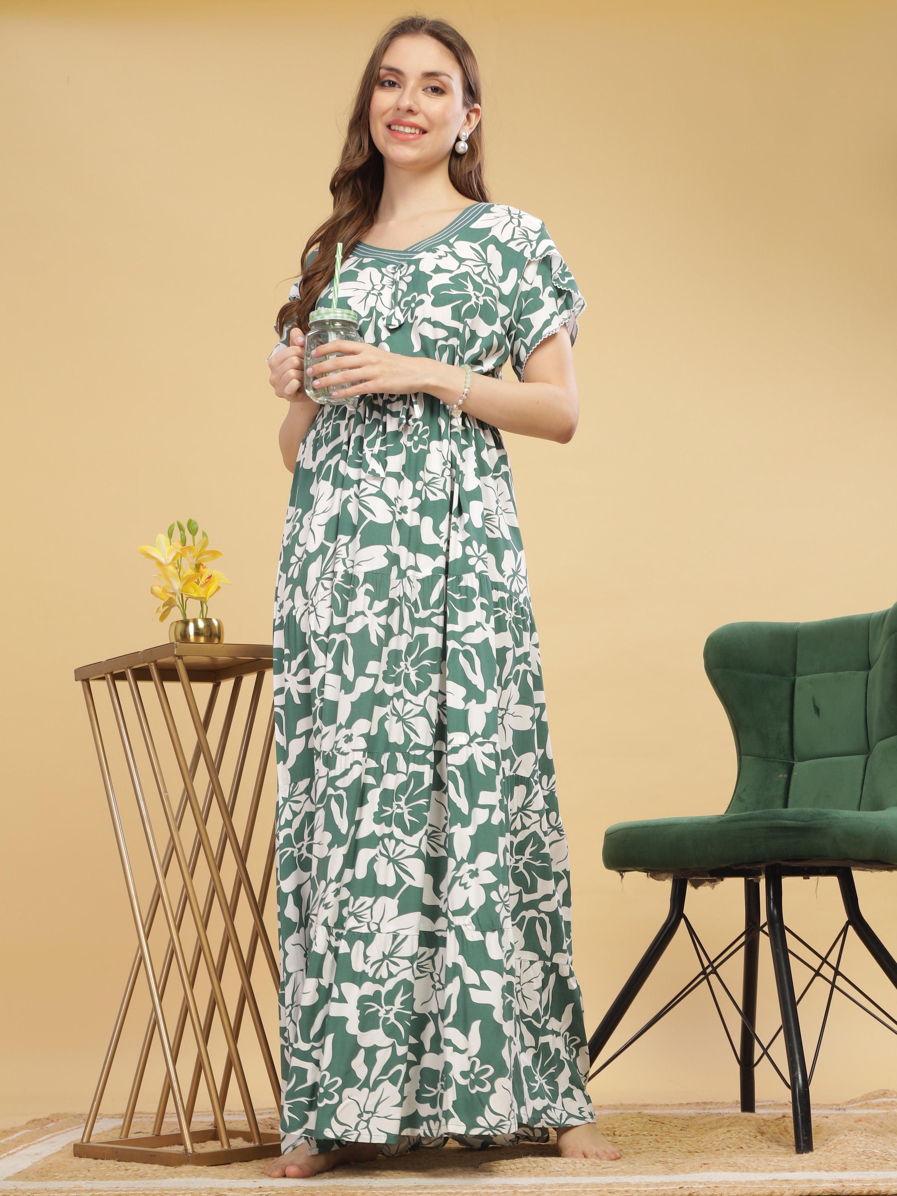 Women s Green Floral Nighty Rayon V Neck Maxi Nightdress for Comfort