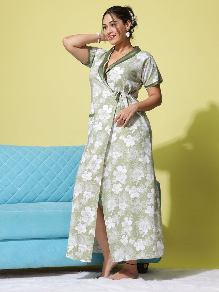 Floral Green Poly Viscose House Coat with Vibrant Blossoms