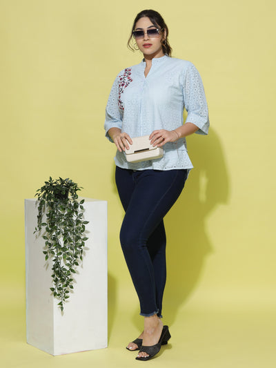 Cotton Top Floral Embroidery Sky Blue