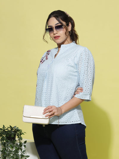 Cotton Top Floral Embroidery Sky Blue