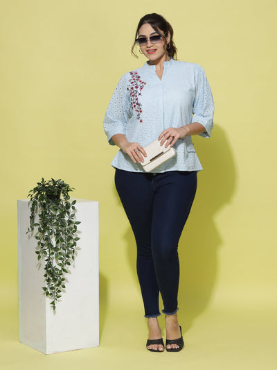 Cotton Top Floral Embroidery Sky Blue