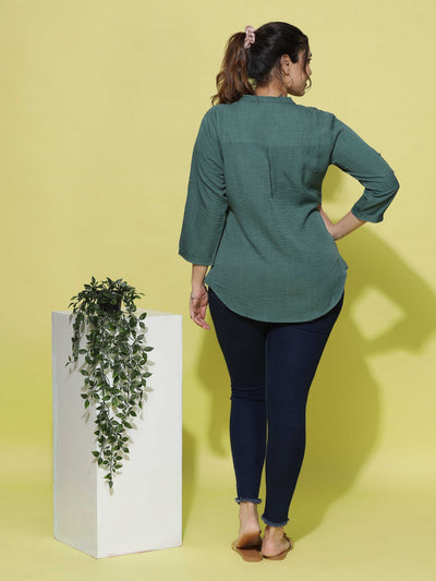 Cotton Blend Top Mandarin Neck Green