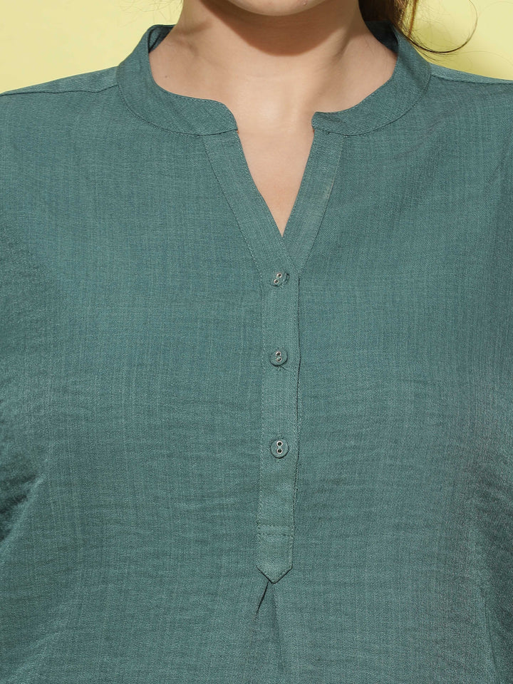  Casual Tops  Mandarin Collar Top - Buy Trendy Green Cotton Top Online- 9shines label 