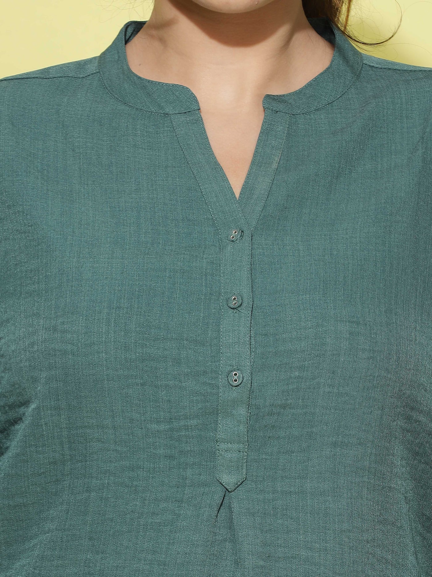 Cotton Blend Top Mandarin Neck Green