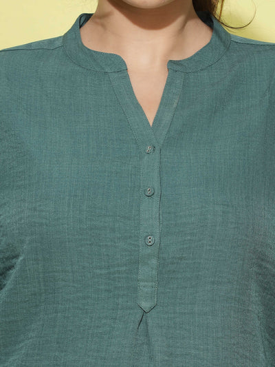 Cotton Blend Top Mandarin Neck Green
