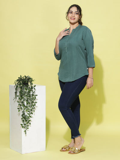 Cotton Blend Top Mandarin Neck Green