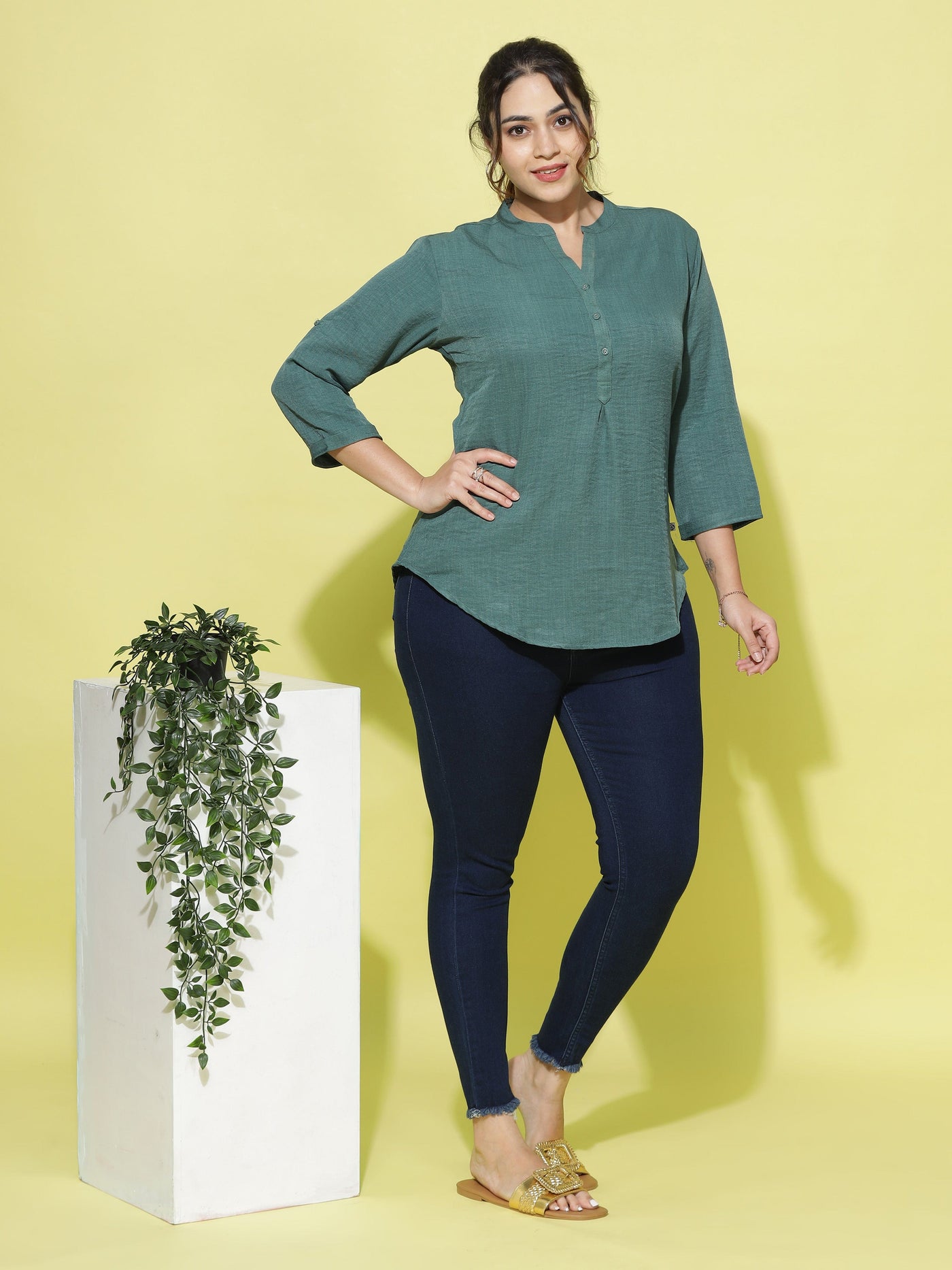Cotton Blend Top Mandarin Neck Green