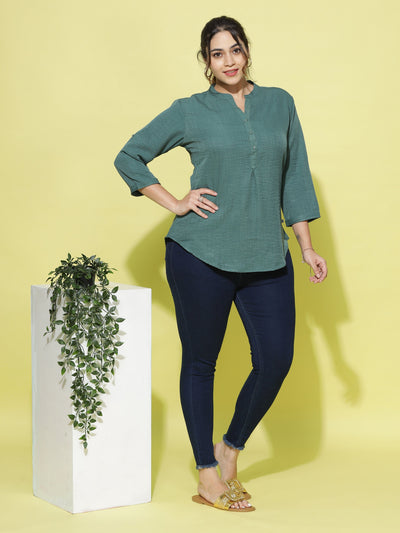 Cotton Blend Top Mandarin Neck Green