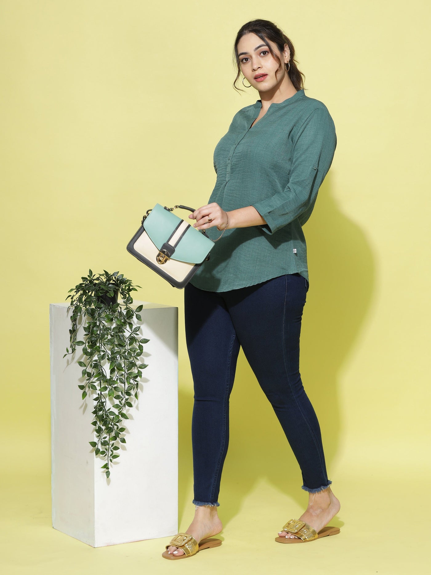 Cotton Blend Top Mandarin Neck Green