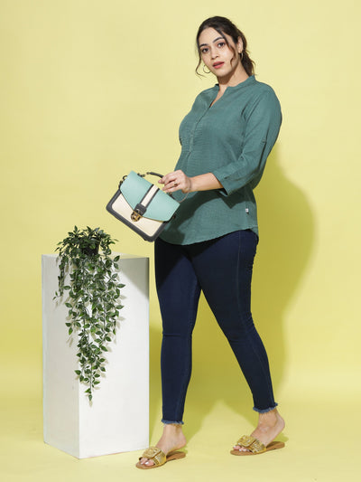 Cotton Blend Top Mandarin Neck Green