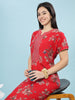 Red A-Line Maxi Nighty with Vibrant Floral Print and Relaxed Fit