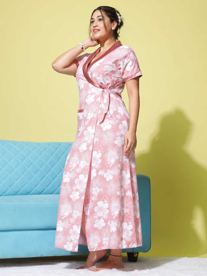 Floral Peach:Poly Viscose House Coat in Delicate Flowers