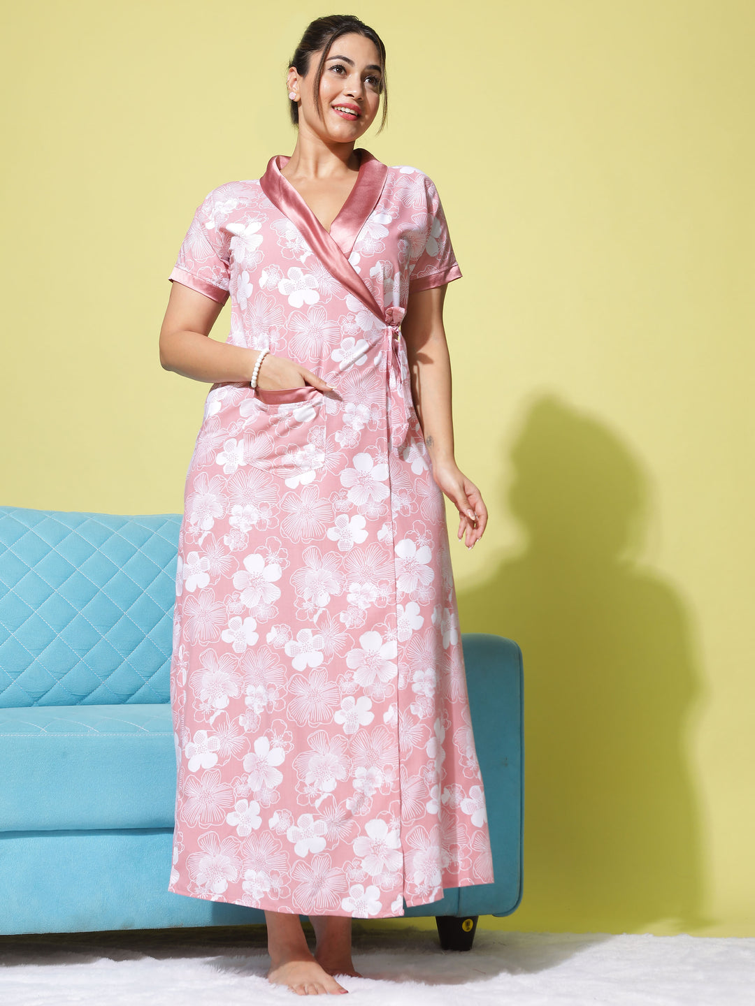 Floral Peach:Poly Viscose House Coat in Delicate Flowers