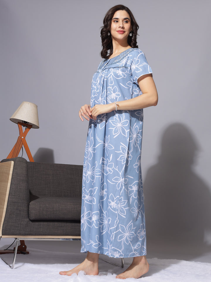 Sleep in Style: Blue Poly Viscose Nighty from Our Designer Collection