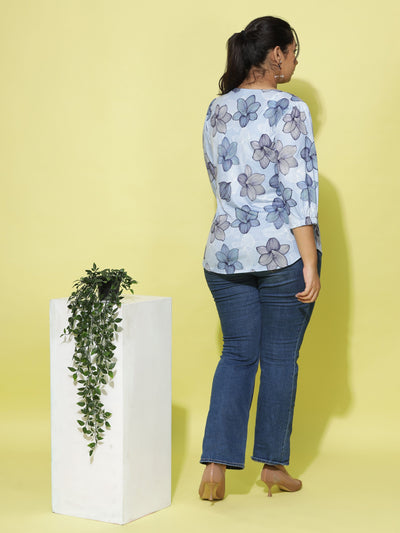 Cotton Blend Top V Neck Blue