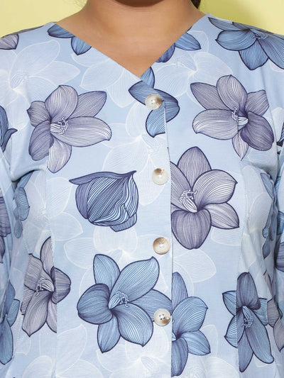Cotton Blend Top V Neck Blue