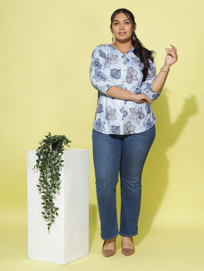 Cotton Blend Top V Neck Blue