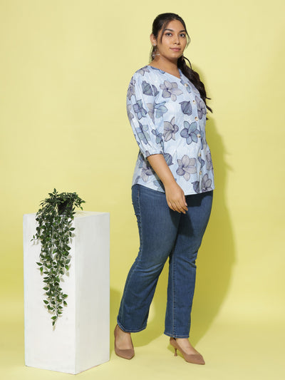 Cotton Blend Top V Neck Blue
