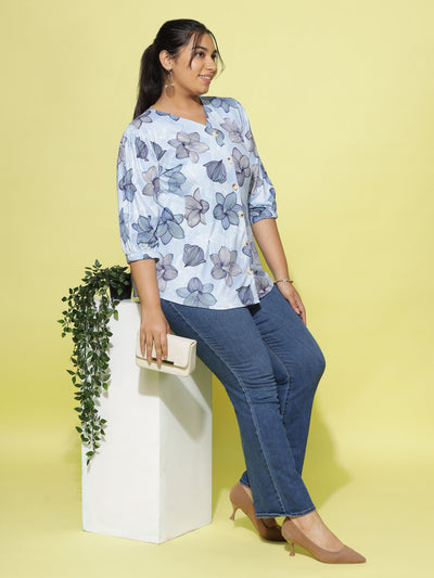 Cotton Blend Top V Neck Blue