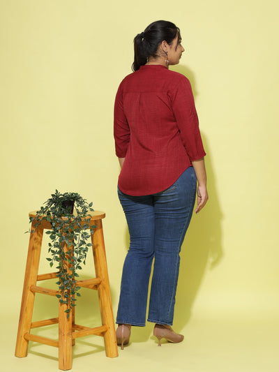 Cotton Blend Top Mandarin Neck Dark Red