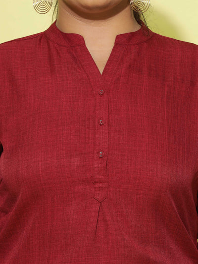 Cotton Blend Top Mandarin Neck Dark Red
