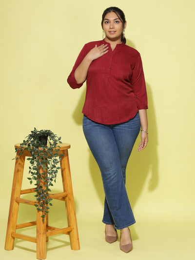 Cotton Blend Top Mandarin Neck Dark Red