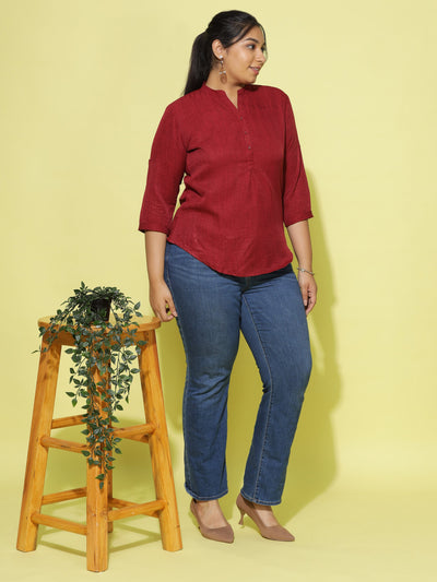 Cotton Blend Top Mandarin Neck Dark Red
