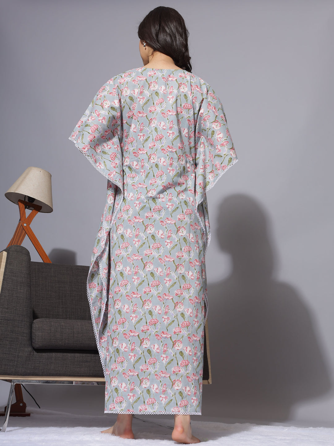 Printed Maternity Kaftan Night Dress With Concealed Nursing Access - Grey