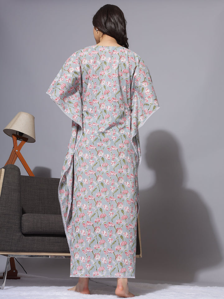 Printed Maternity Kaftan Night Dress With Concealed Nursing Access - Grey
