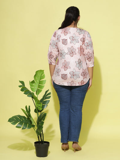 Cotton Blend Top V Neck Peach