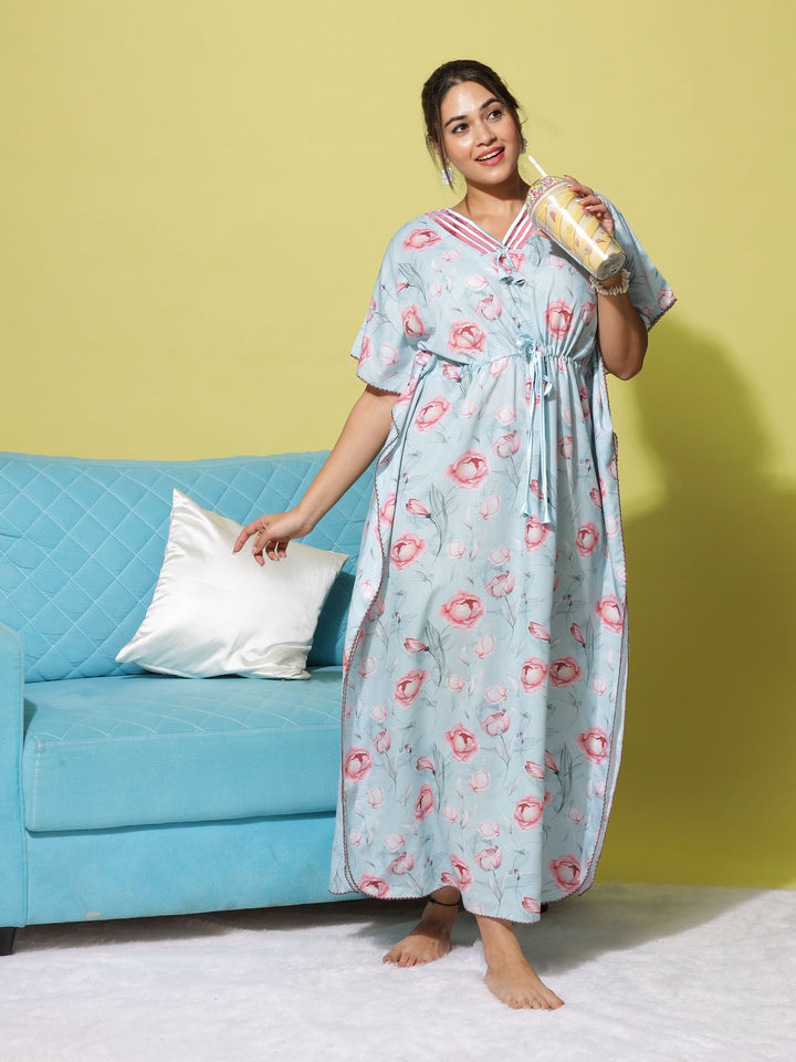 Poly Viscose Kaftan: Stylish and Relaxing Nightwear in Blue and Red Hues