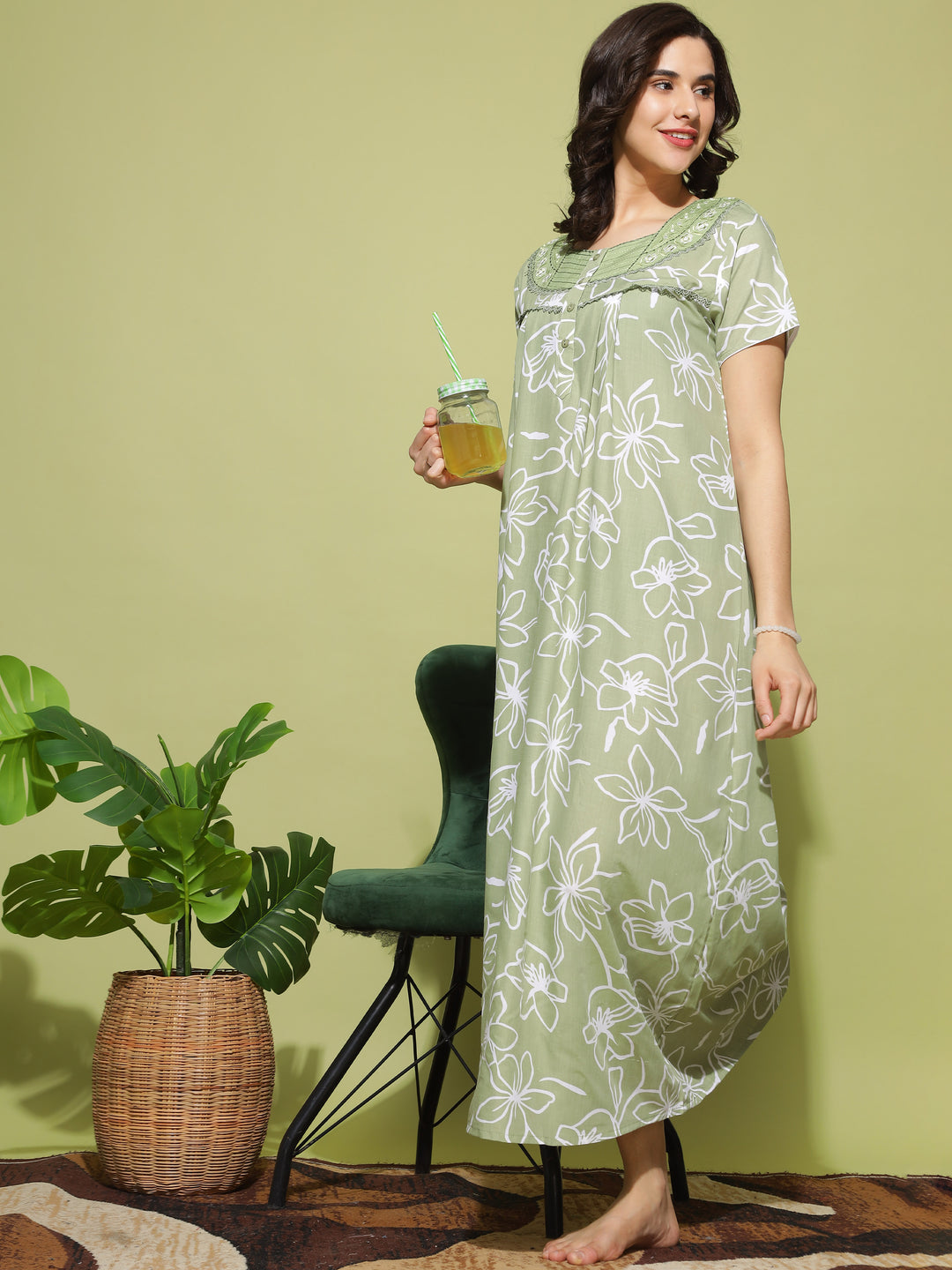 Refresh Your Nights: Soft Pastel Green Poly Viscose Nighty for a Blissful Sleep