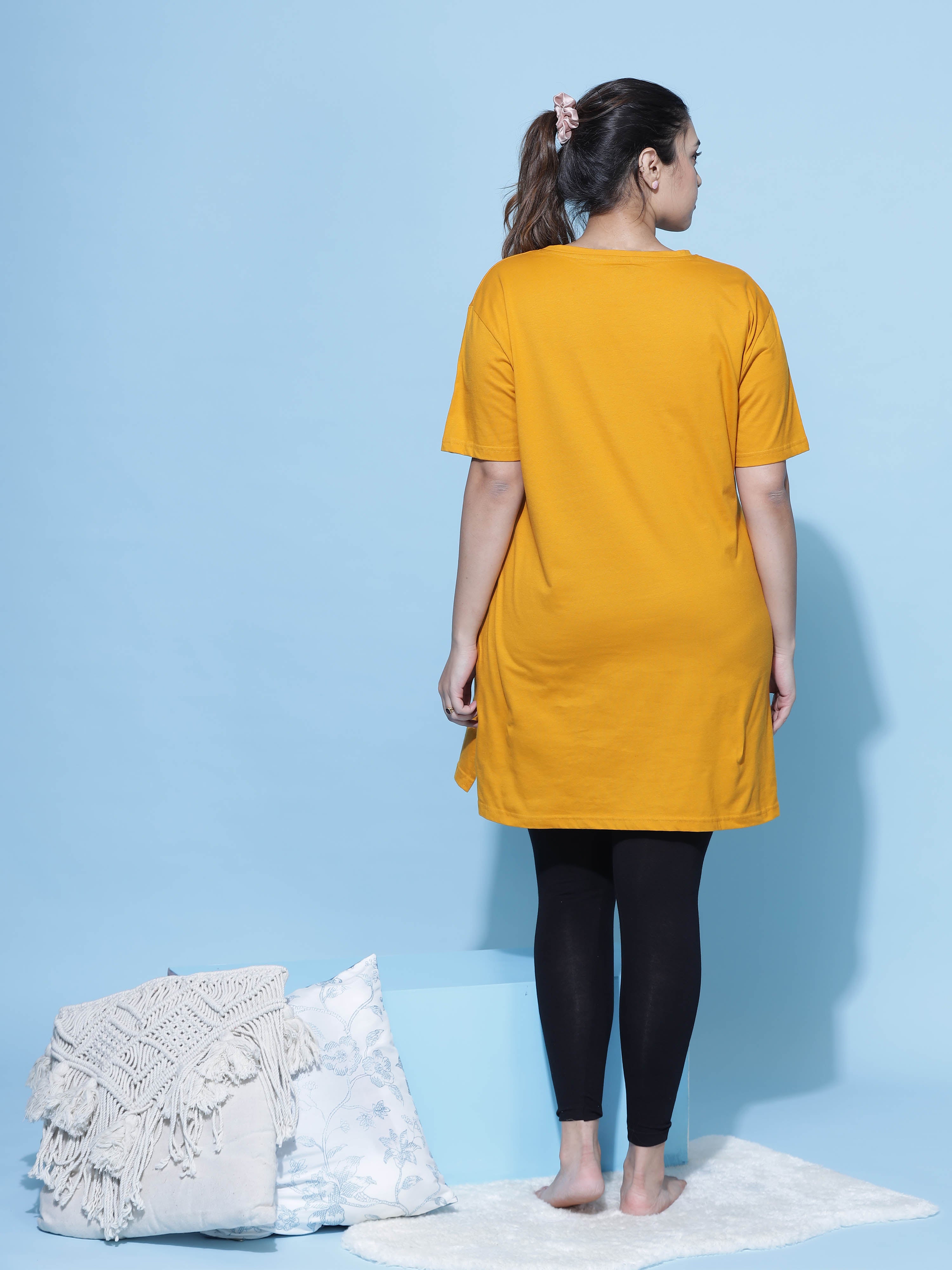 Buy Mustard Yellow Printed Long T-Shirt for Women Online – 9shines
