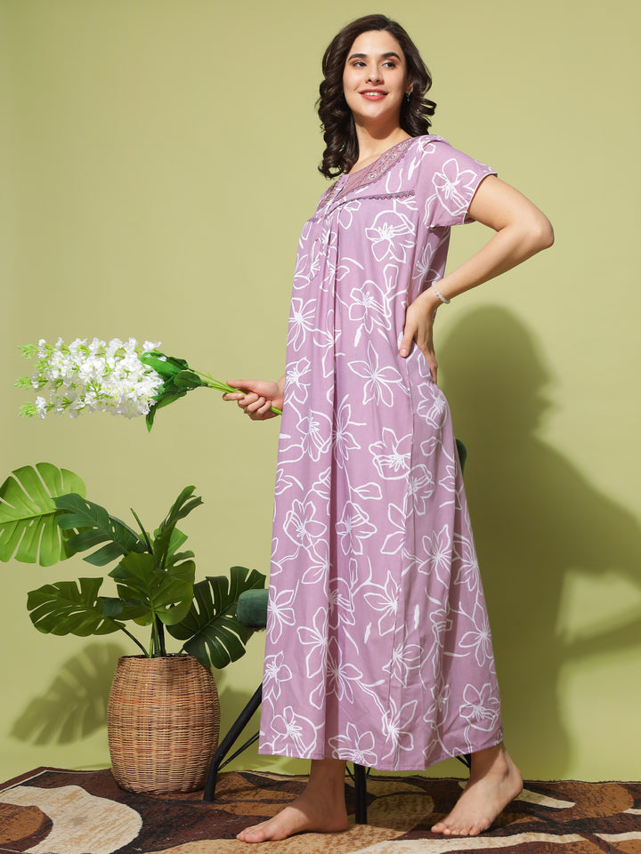 Poly Viscose Lavender Nightgown: Designer Comfort