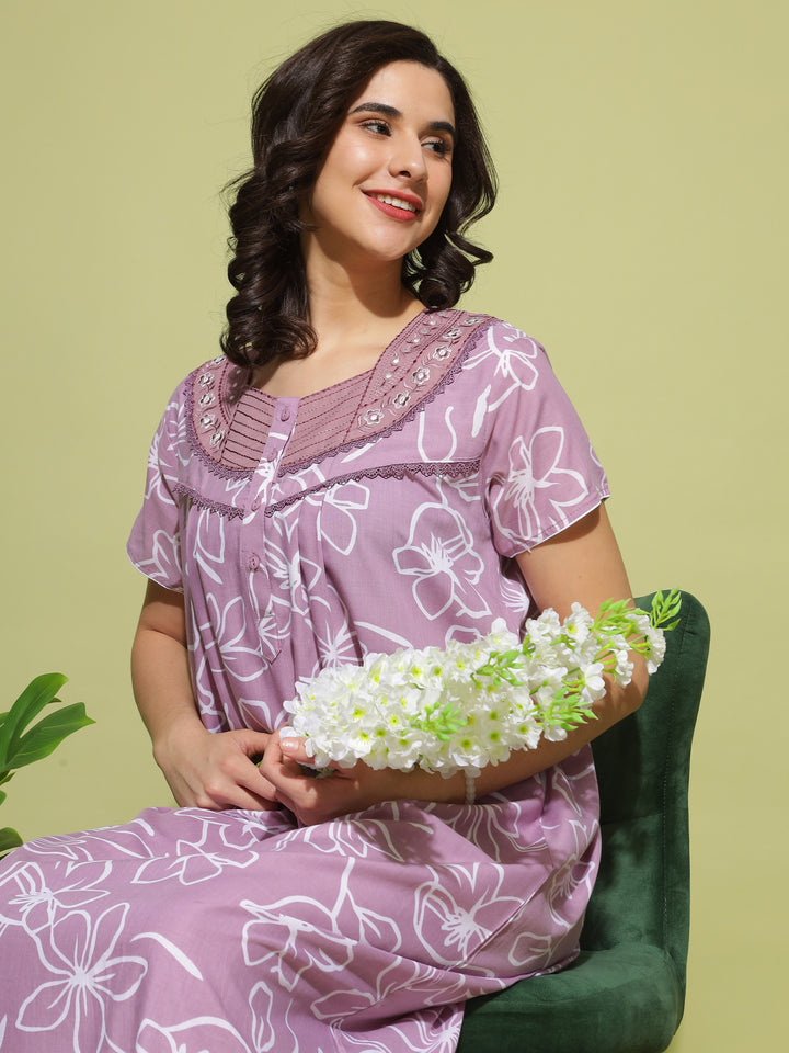 Poly Viscose Lavender Nightgown: Designer Comfort