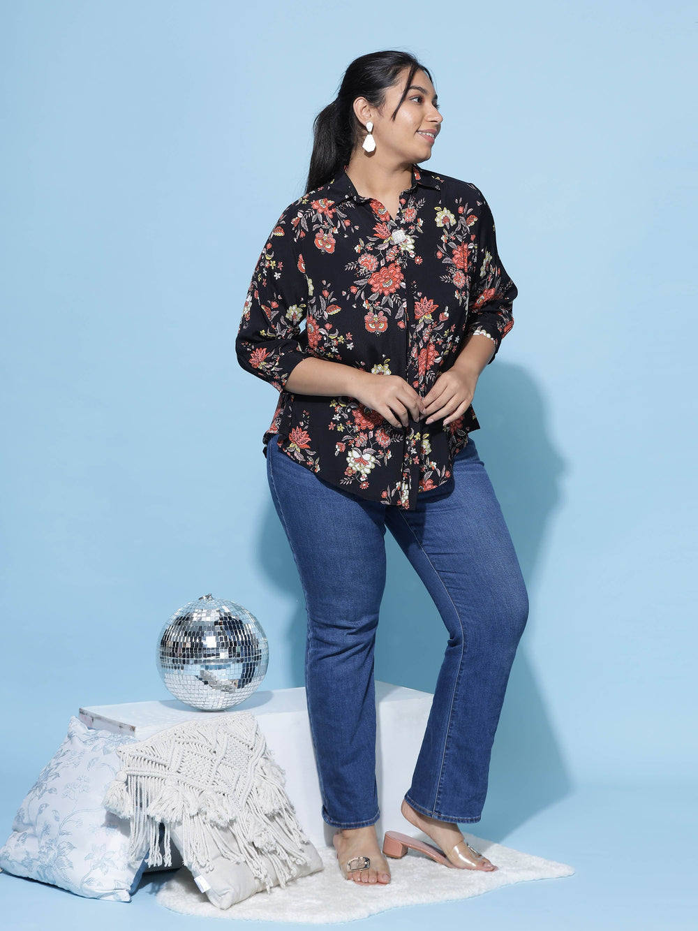 Black Viscose Polyester Plus Size Tops for Women 