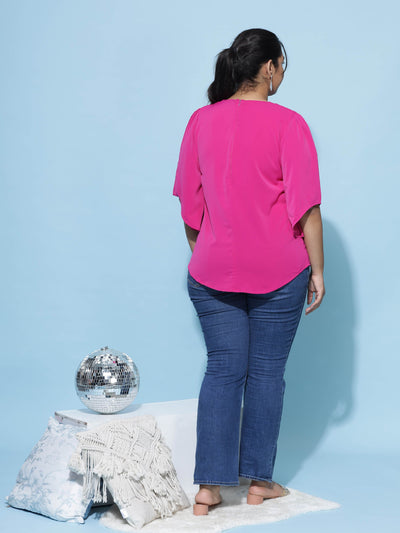Viscose Blend Top Round Neck With Zip Magenta Pink