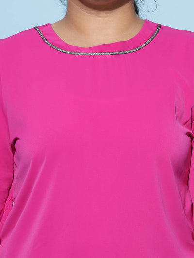 Viscose Blend Top Round Neck With Zip Magenta Pink