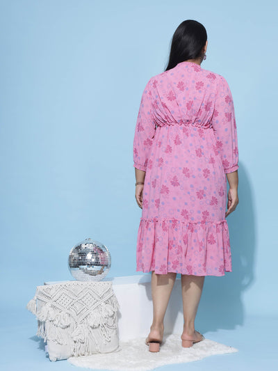 Polyester Floral Printed Dress Baby Pink