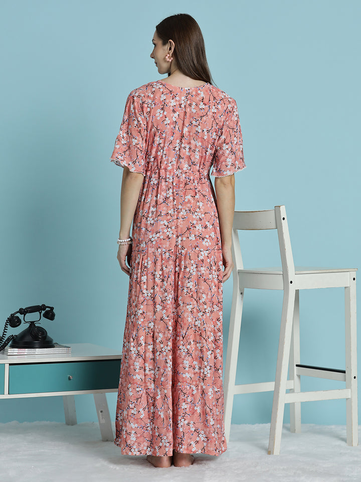 Peach Floral Rayon Nighty for Women Soft Flowy Relaxed Fit