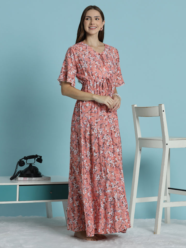 Peach Floral Rayon Nighty for Women Soft Flowy Relaxed Fit