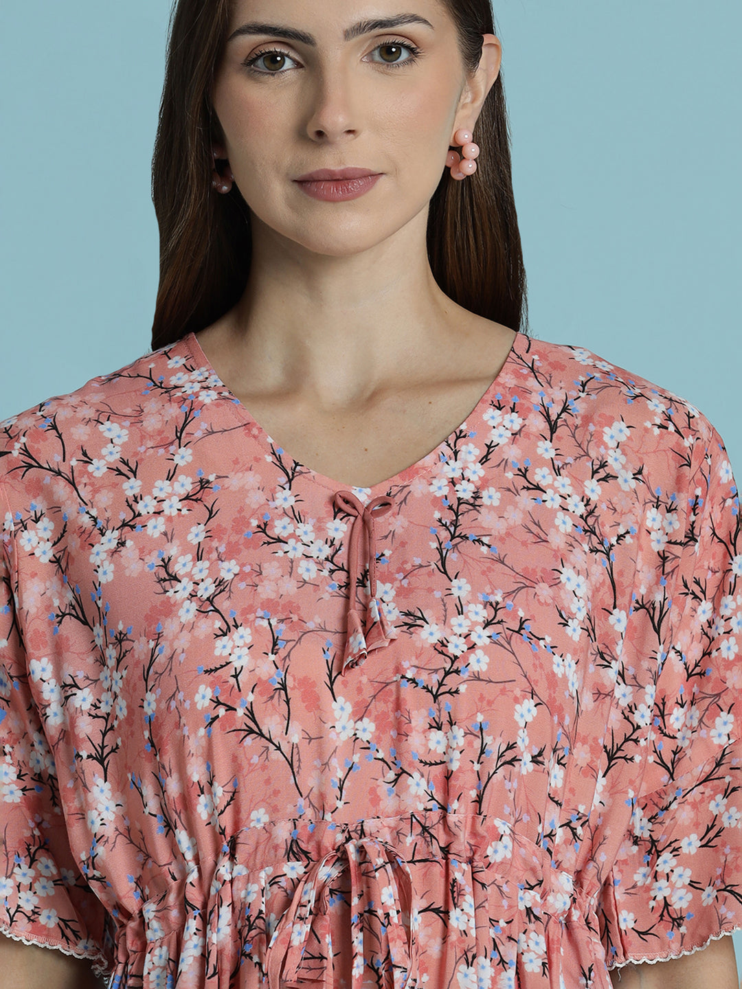 Peach Floral Rayon Nighty for Women Soft Flowy Relaxed Fit