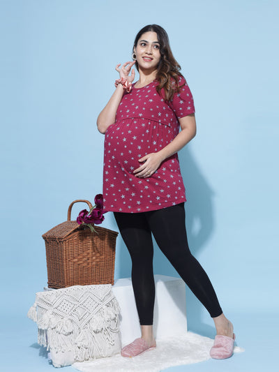 Maroon Hosiery Cotton Maternity Feeding Top