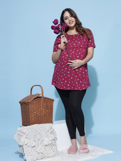 Maroon Hosiery Cotton Maternity Feeding Top