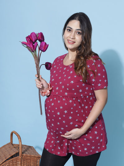 Maroon Hosiery Cotton Maternity Feeding Top