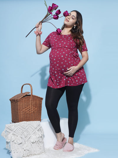 Maroon Hosiery Cotton Maternity Feeding Top