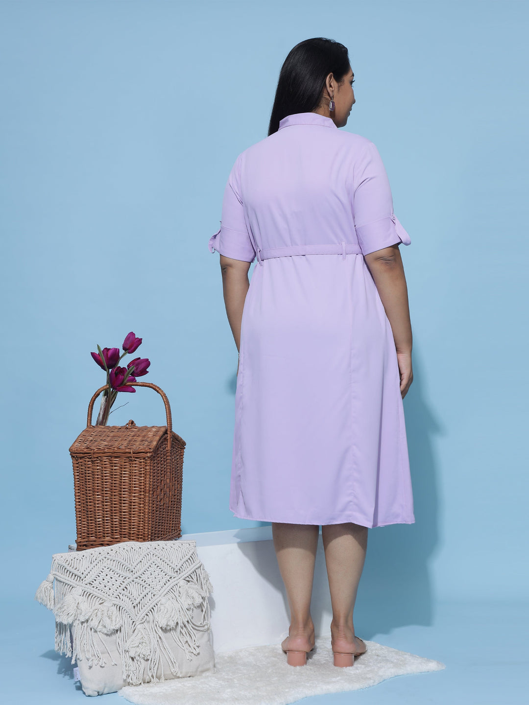 Polyester Collared Neck Dress Lilac - 9shines label